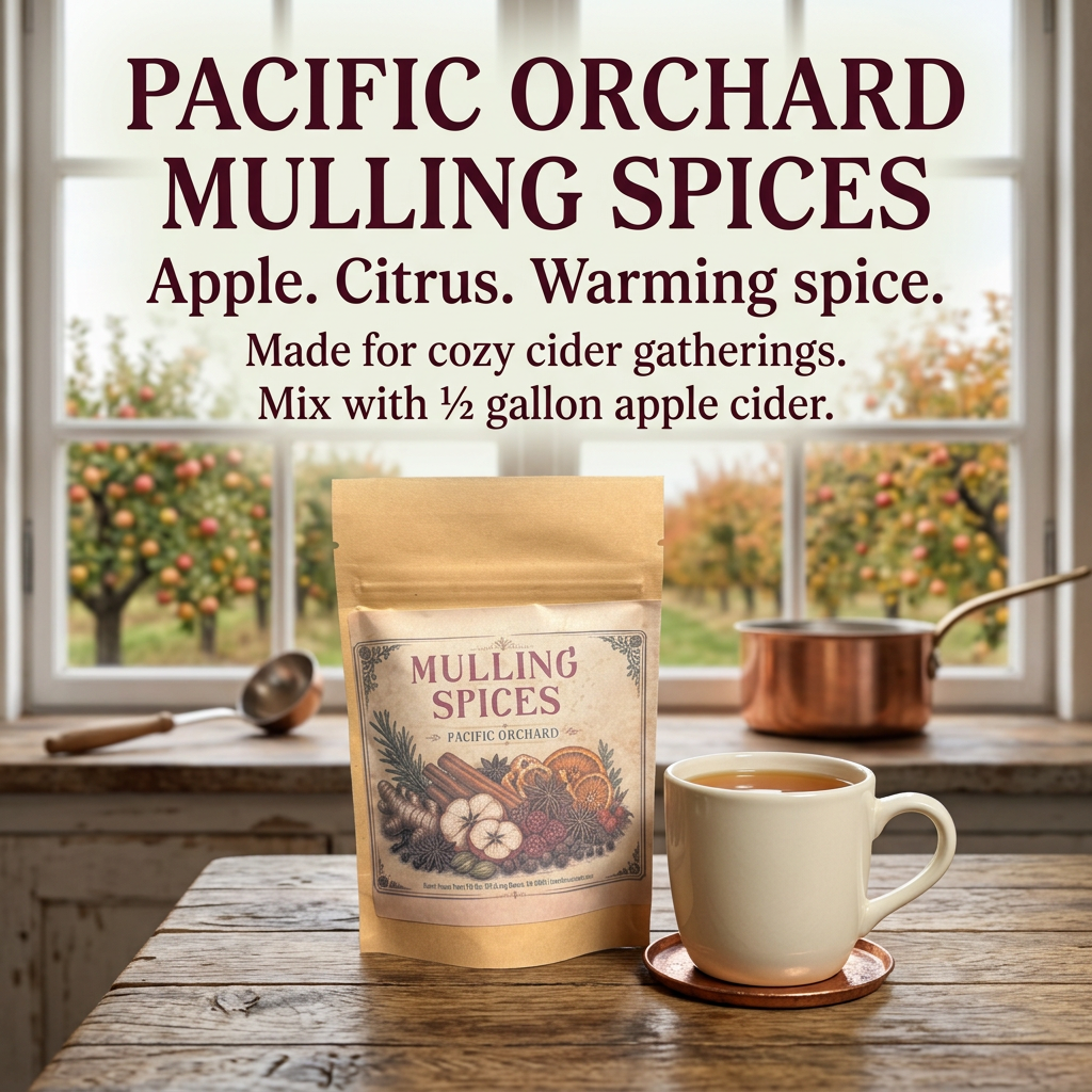 Pacific Orchard Mulling Spices pouch beside a warm cider mug in an autumn orchard farmhouse kitchen. Mix with half a gallon apple cider.