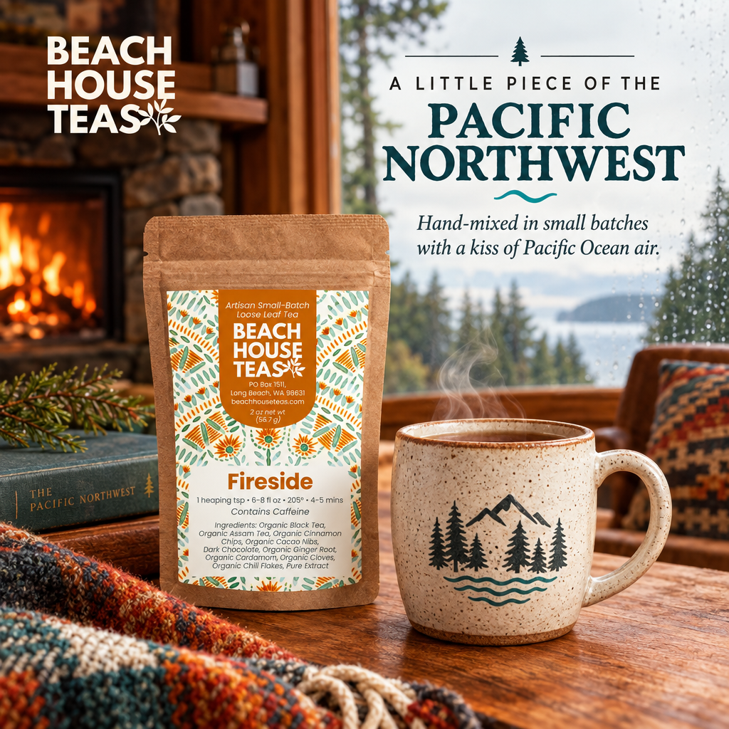 Fireside pouch and steaming mug with a blanket and book beside a fireplace and rainy Pacific Northwest window.