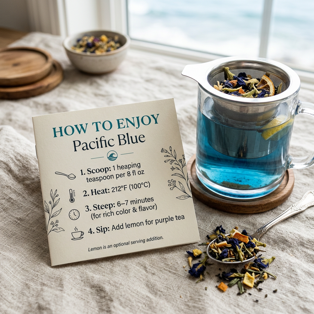 Pacific Blue brewing guide: 1 heaping teaspoon per 8 fl oz, water at 212°F, steep 6–7 minutes.