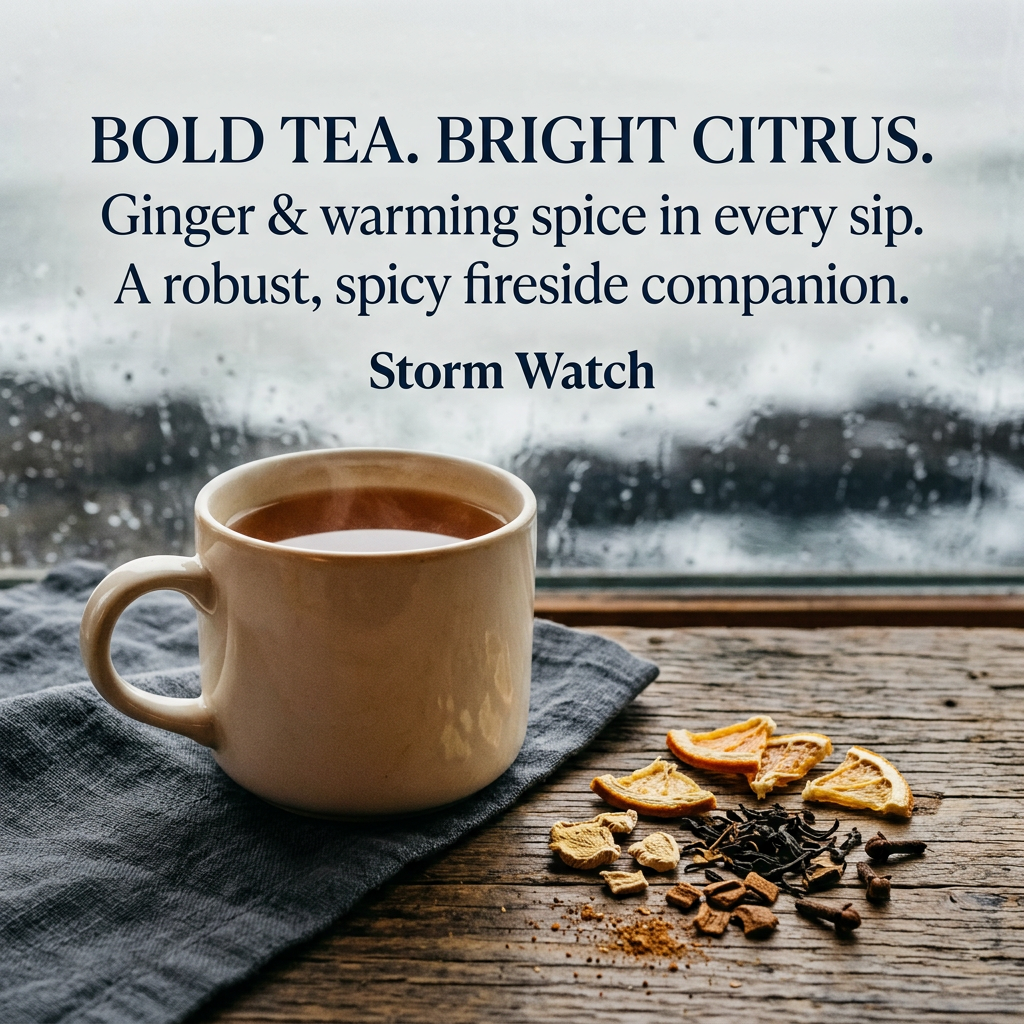 Cream mug of amber hot toddy beside dried citrus, ginger, black tea and spices on weathered wood at a rain-streaked coastal window. Bold tea. Bright citrus. Ginger & warming spice in every sip. A robust, spicy fireside companion. Storm Watch.