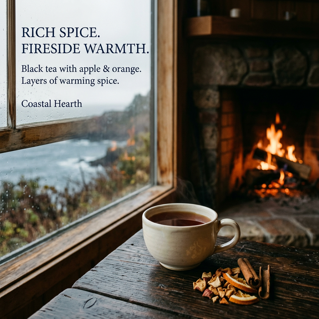 Coastal Hearth flavor: black tea with apple, orange and warming spice beside a coastal cottage fireplace.