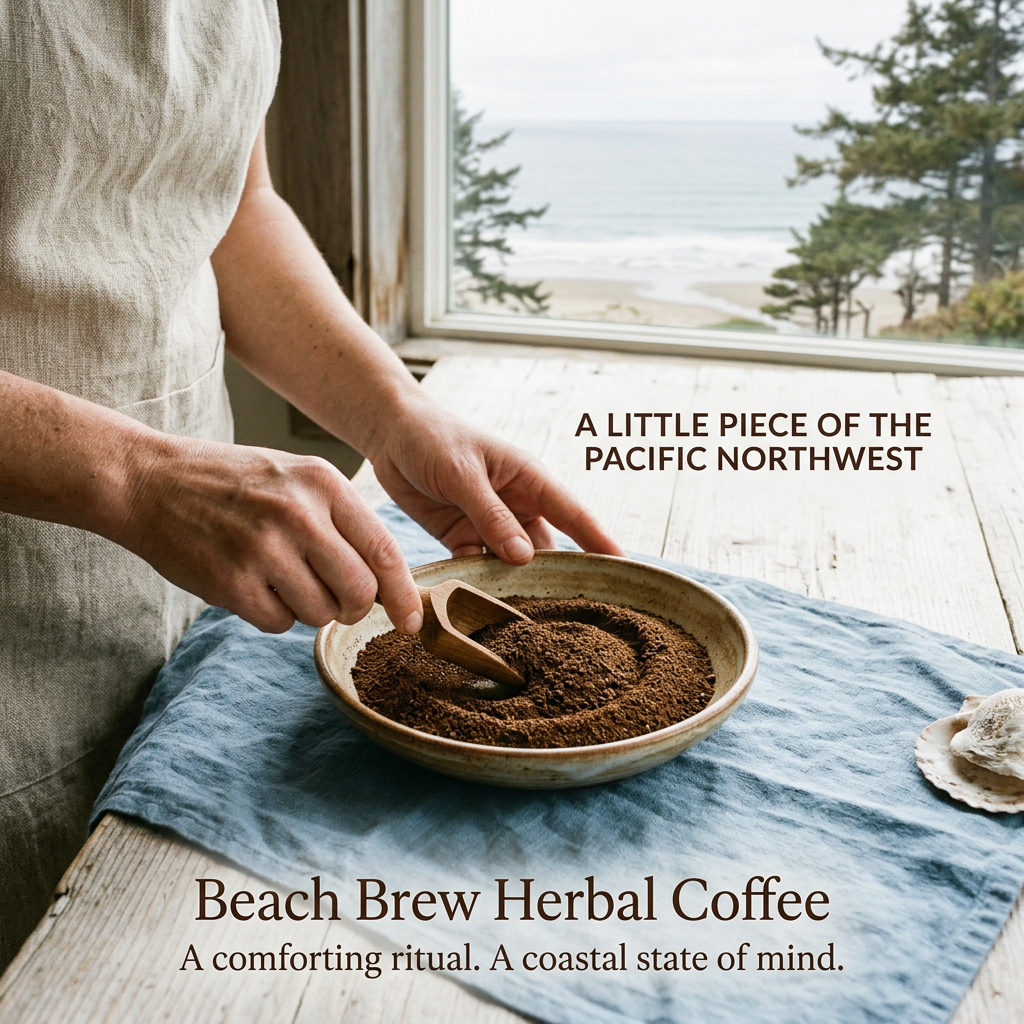 Illustrative Beach Brew brand slide with hands mixing a finely ground herbal blend in a bowl beside an ocean-view window, blue linen and the wording A comforting ritual. A coastal state of mind.