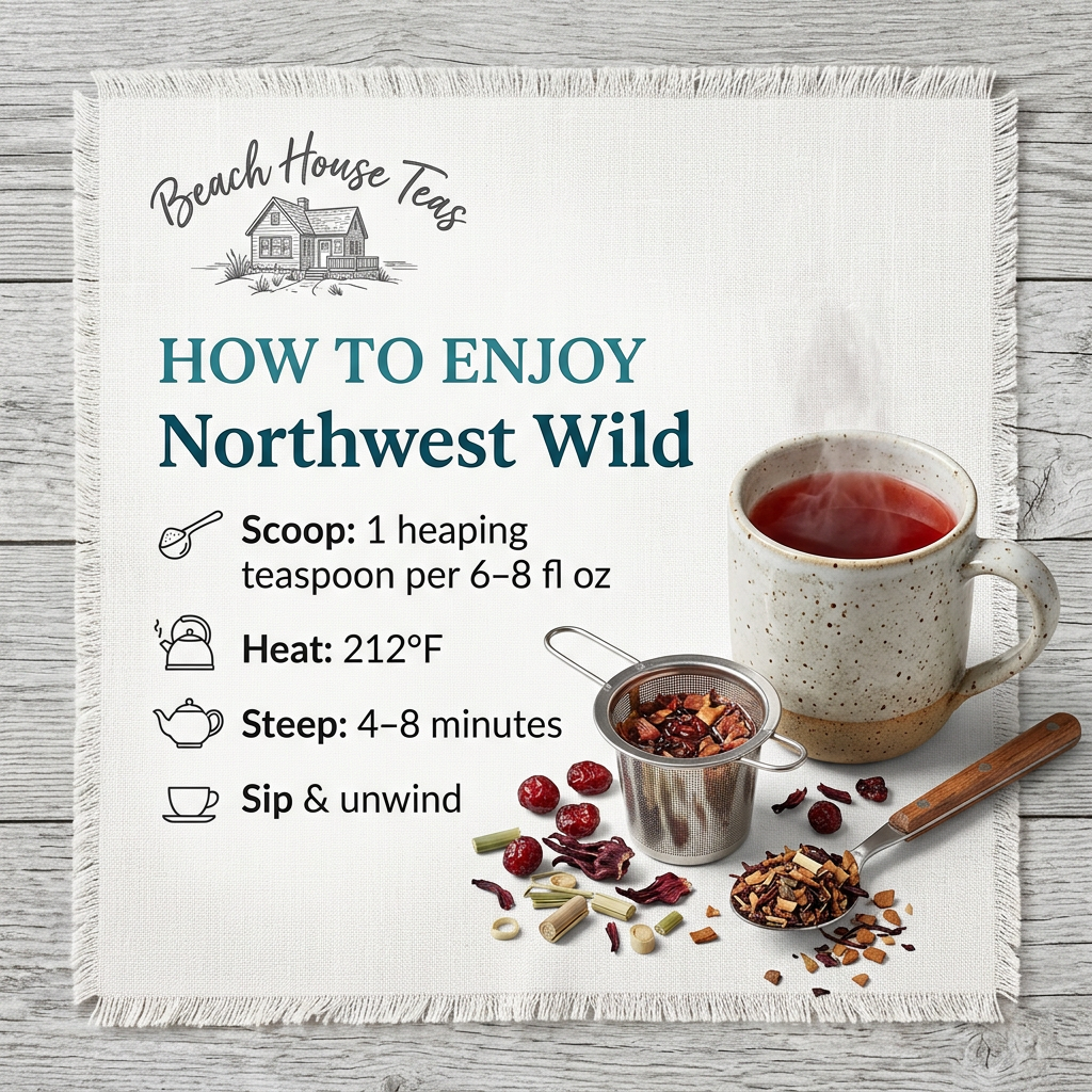 Northwest Wild brewing guide: 1 heaping teaspoon per 6–8 fl oz, water at 212°F, steep 4–8 minutes.