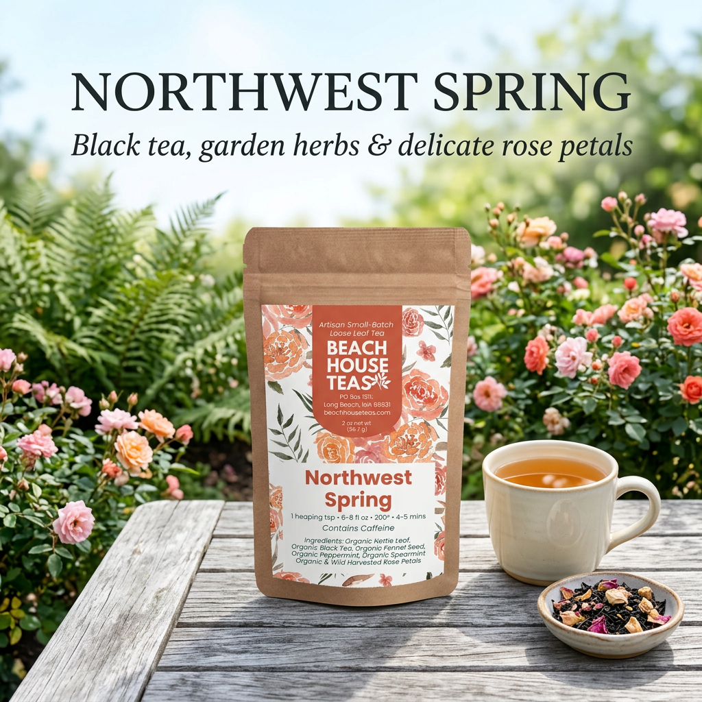 Northwest Spring tea pouch beside a cream mug and loose blend in a rose and fern garden.