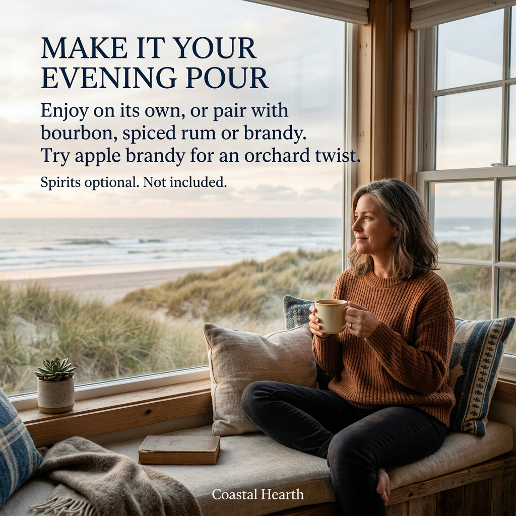 Adult enjoying Coastal Hearth by a coastal window. Optional pairings: bourbon, spiced rum, brandy or apple brandy. Spirits not included.