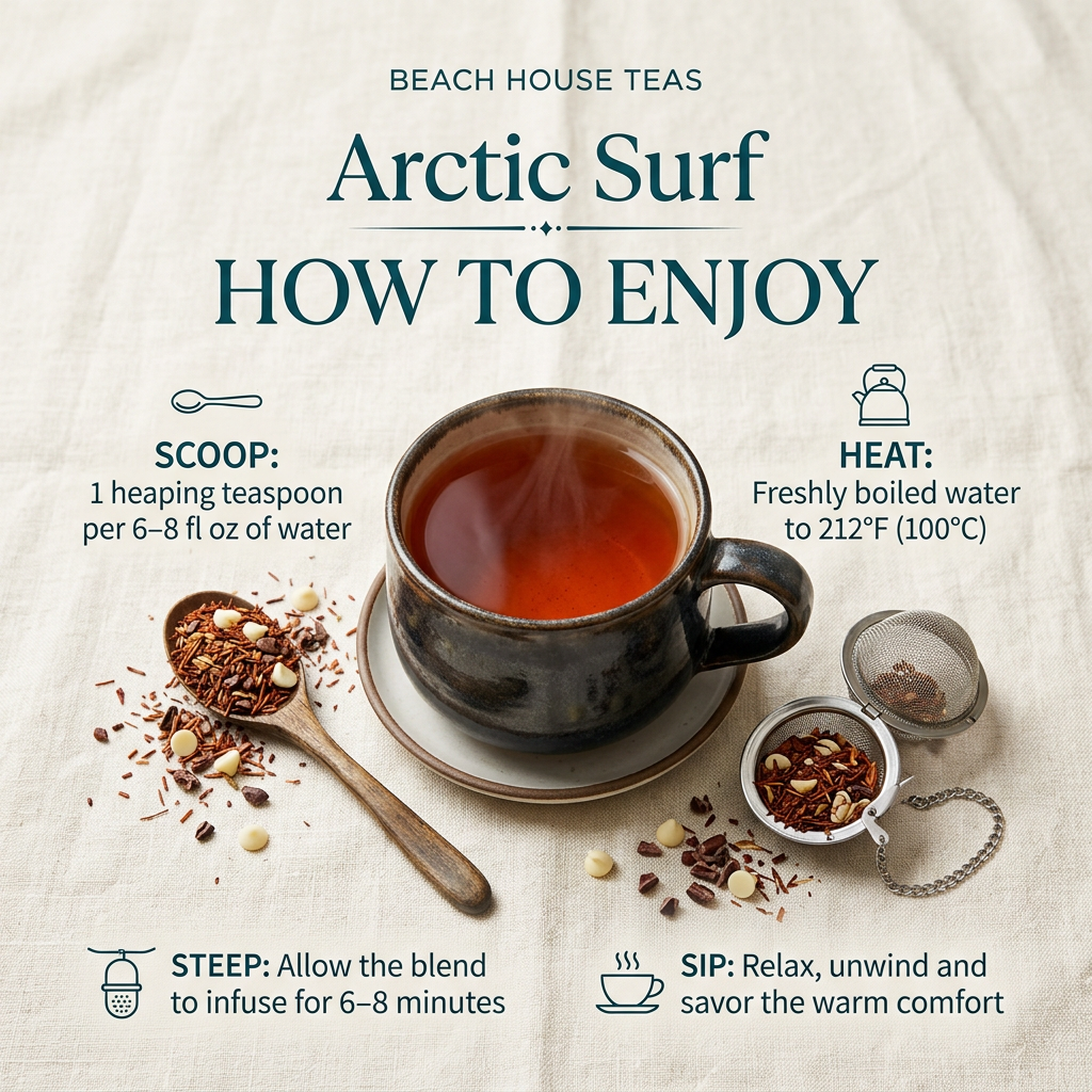 Arctic Surf brewing guide: 1 heaping teaspoon per 6–8 fl oz, 212°F water, steep 6–8 minutes.