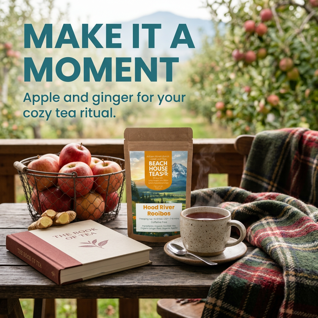 Hood River Rooibos cozy orchard tea ritual lifestyle slide with ceramic mug.