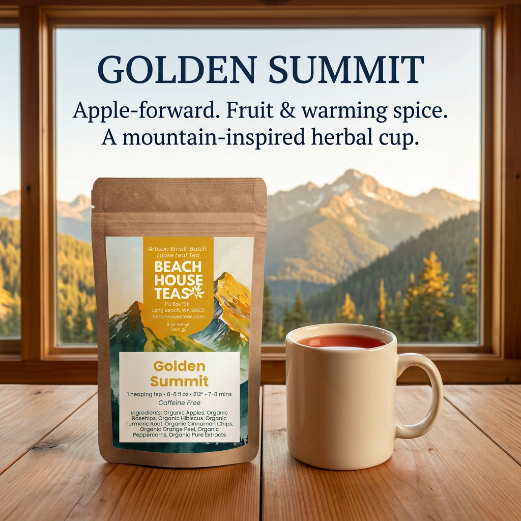 Golden Summit herbal tea pouch beside a ruby amber drink on a mountain cabin table overlooking sunlit peaks. Apple-forward fruit and warming spice.