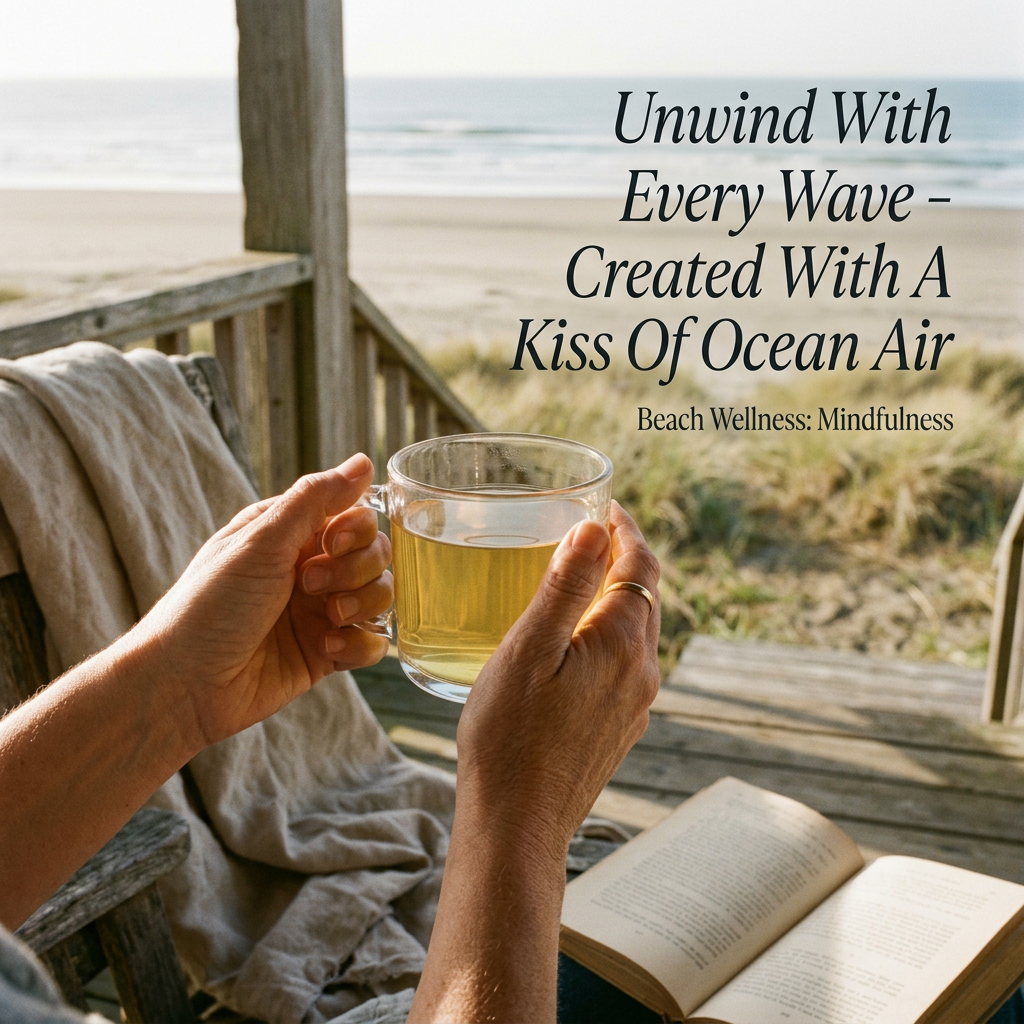 Hands holding Mindfulness tea on a coastal porch with the motto Unwind With Every Wave - Created With A Kiss Of Ocean Air.