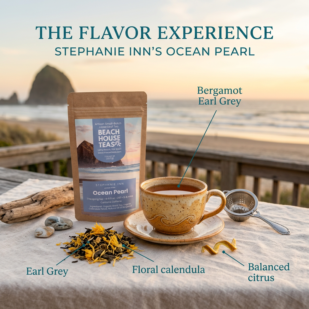 Ocean Pearl flavor experience with product pouch, citrus, calendula and bergamot Earl Grey notes.