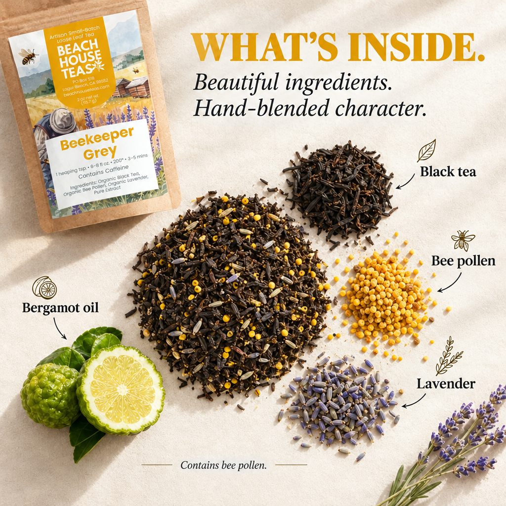 Beekeeper Grey ingredient flatlay labeled black tea, bee pollen, lavender and bergamot oil; contains bee pollen.