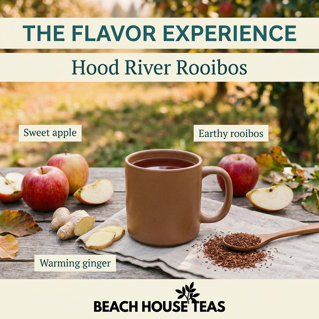 Hood River Rooibos flavor slide showing a plain mug of strained tea, apples, ginger root and rooibos, with sweet apple, warming ginger and earthy rooibos notes and horizontal Beach House Teas logo.
