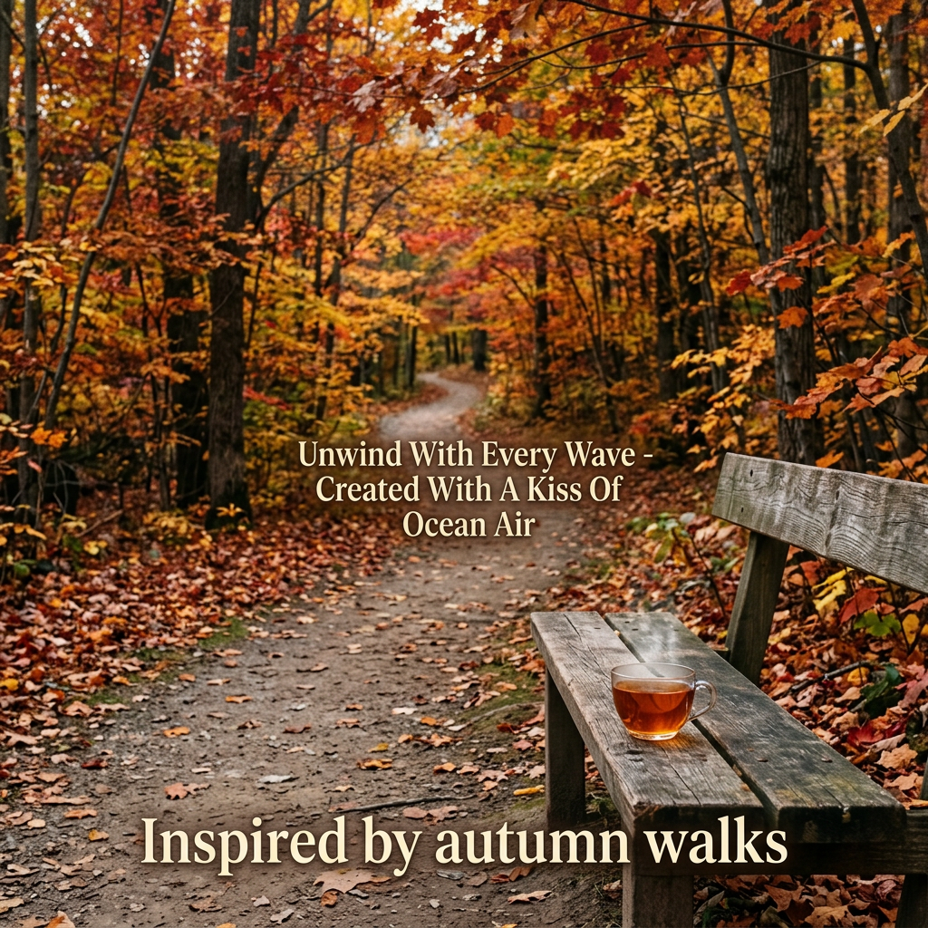 Maple Grove tea on a woodland bench beside an autumn path, with the Beach House Teas ocean-air motto.