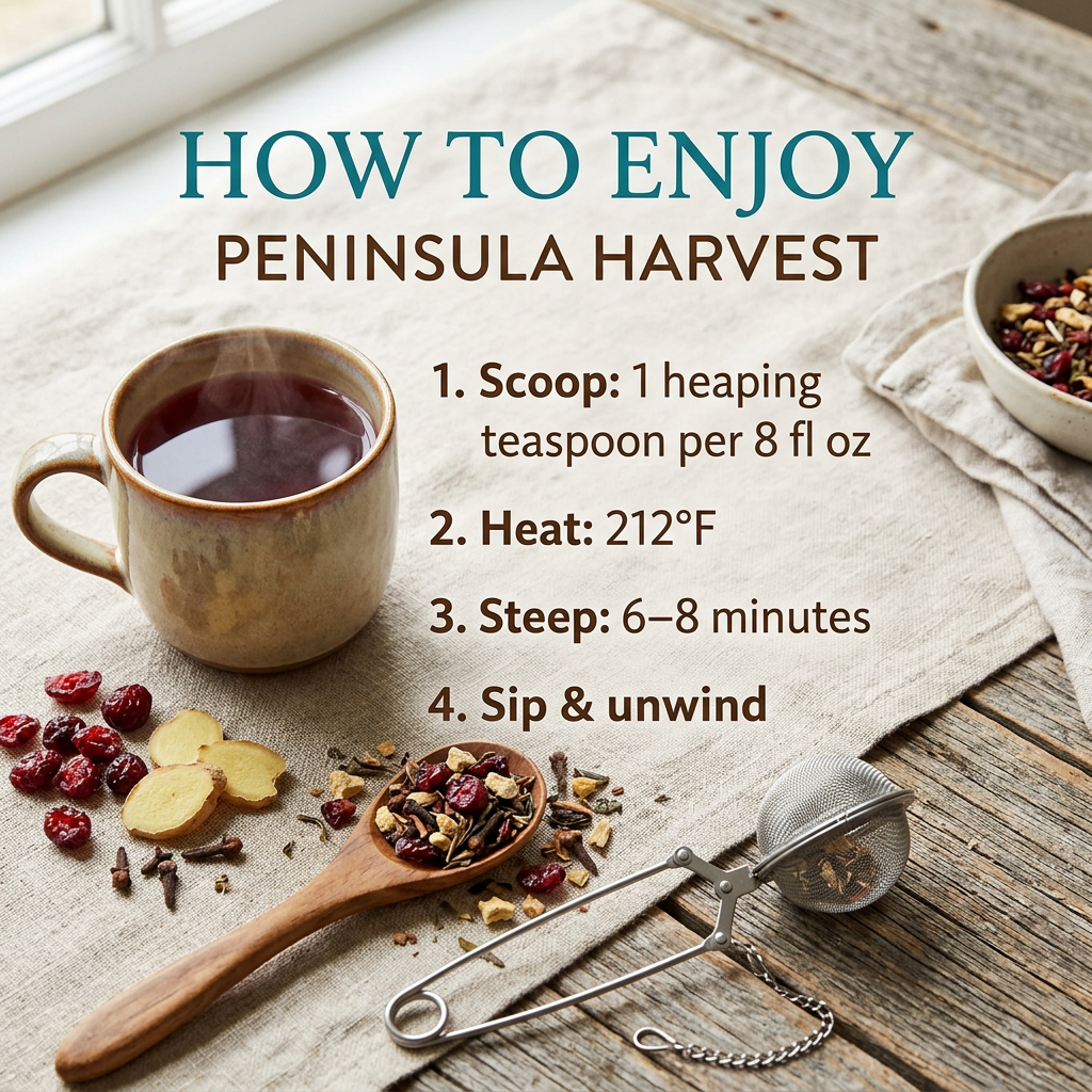 Peninsula Harvest brewing guide: 1 heaping teaspoon per 8 fl oz, water at 212°F, steep 6–8 minutes.