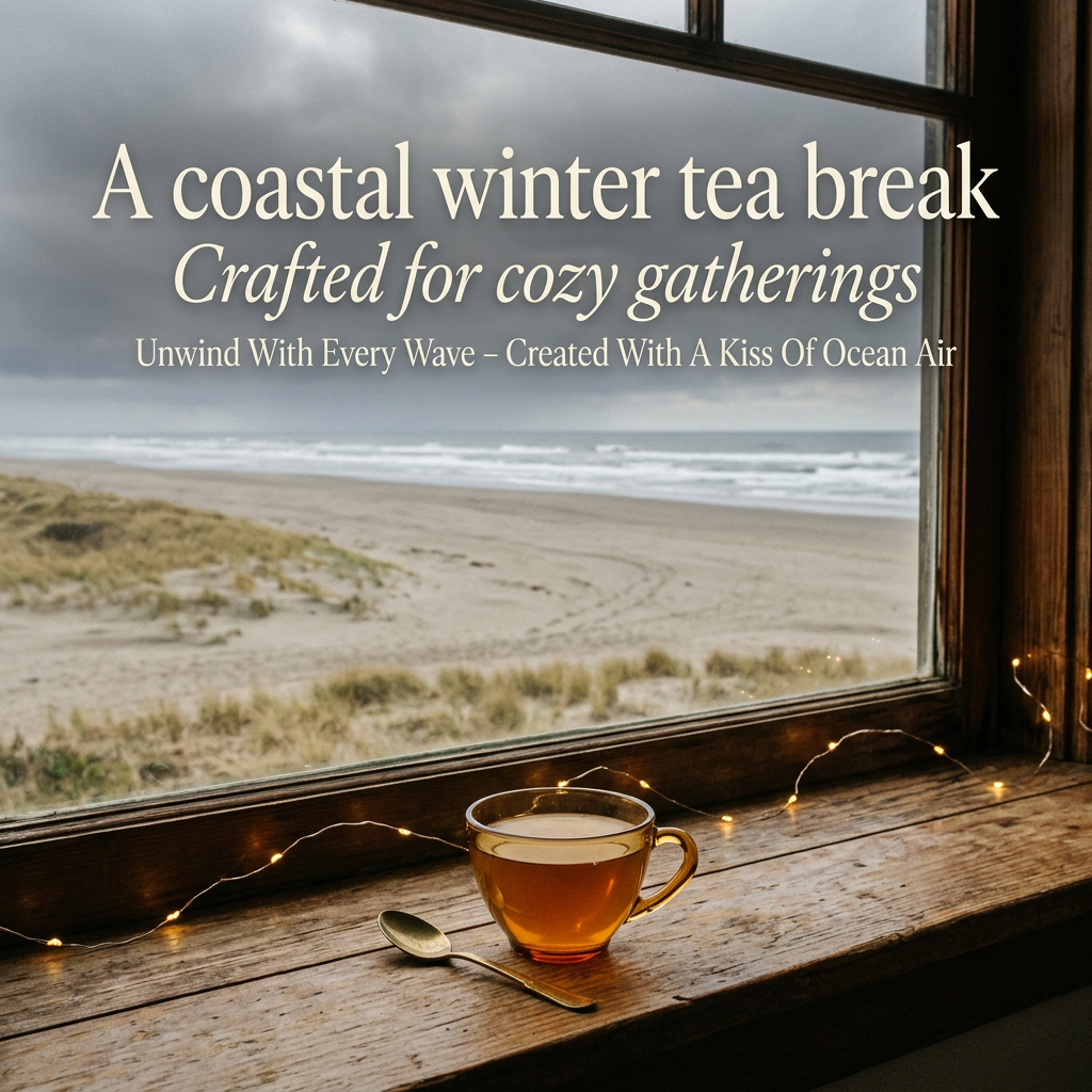 A coastal winter tea break with Beach House Teas’ ocean-air motto and amber tea beside a beach-view window.