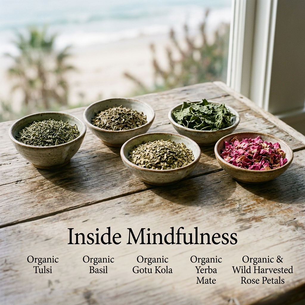 Mindfulness ingredients: Organic Tulsi, Organic Basil, Organic Gotu Kola, Organic Yerba Mate, Organic & Wild Harvested Rose Petals.