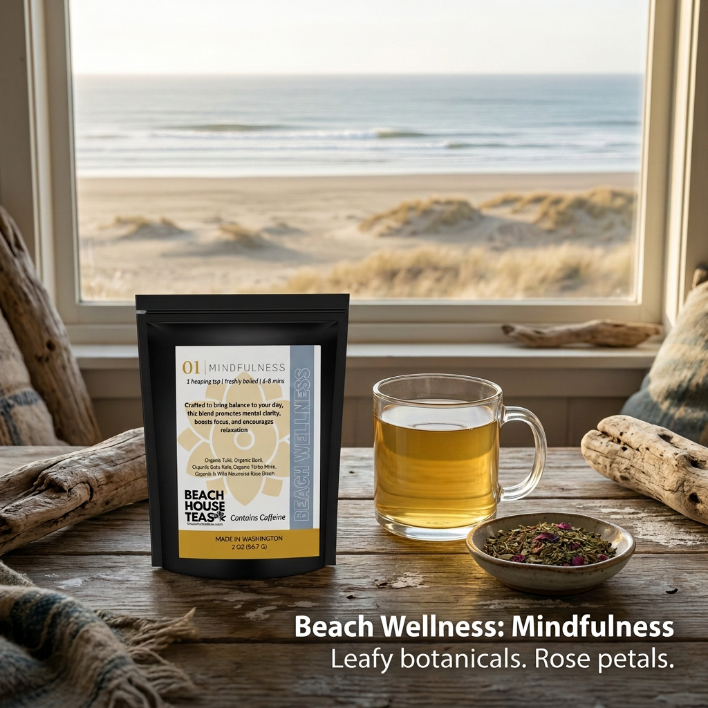 Beach Wellness Mindfulness pouch beside golden tea and a dish of loose botanicals at a coastal cottage window.