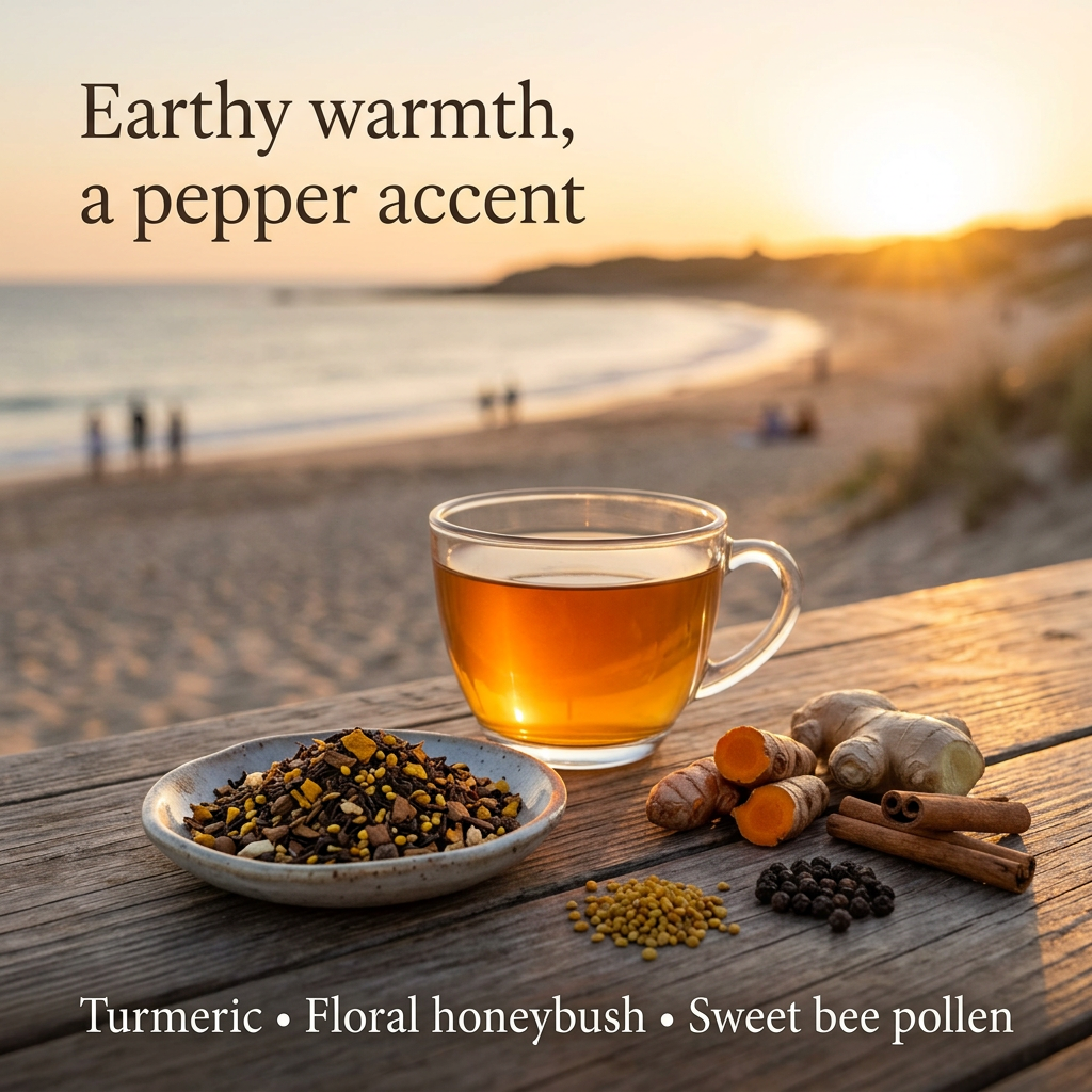 Sunset Beach tea with earthy turmeric, floral honeybush, sweet bee pollen and a pepper accent beside the coast.