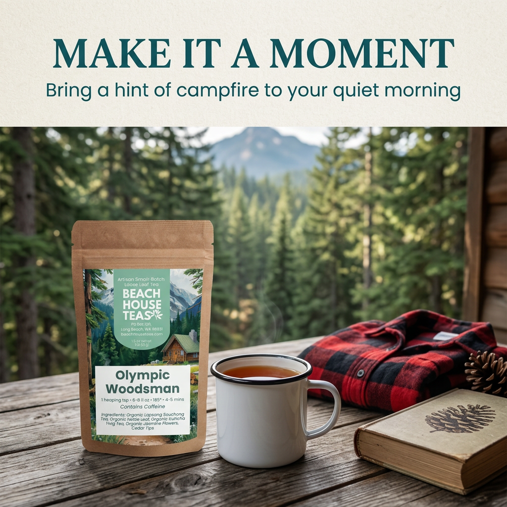 Olympic Woodsman forest cabin tea ritual lifestyle slide.