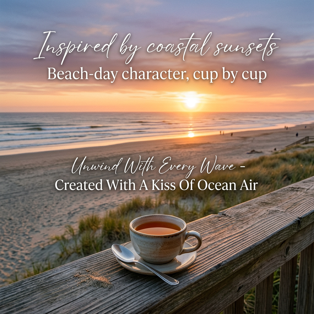 Tea overlooking a glowing coastal sunset with Beach House Teas’ ocean-air motto.