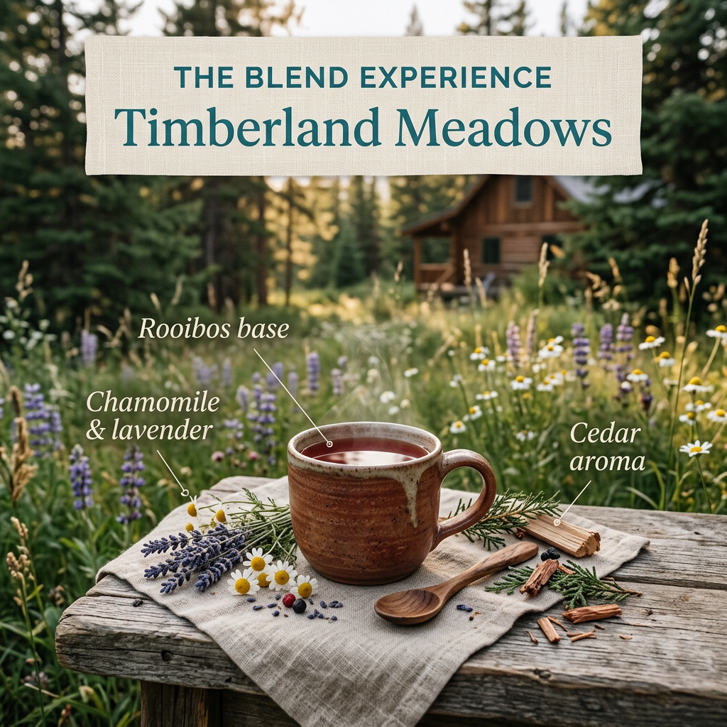 Timberland Meadows blend highlights: rooibos, chamomile, lavender and cedar aroma.