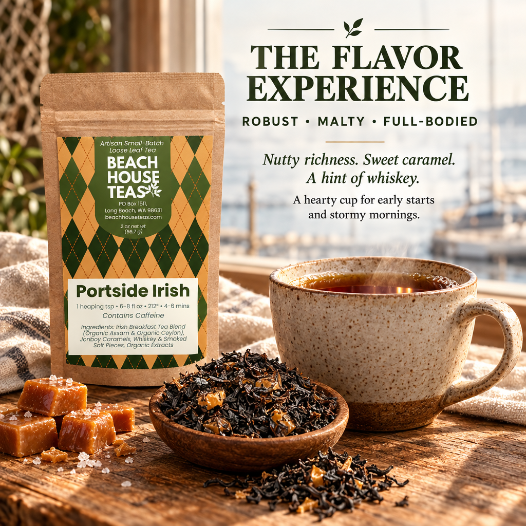 Port Side Irish pouch and amber tea with caramel pieces, highlighting robust, malty and full-bodied flavors.