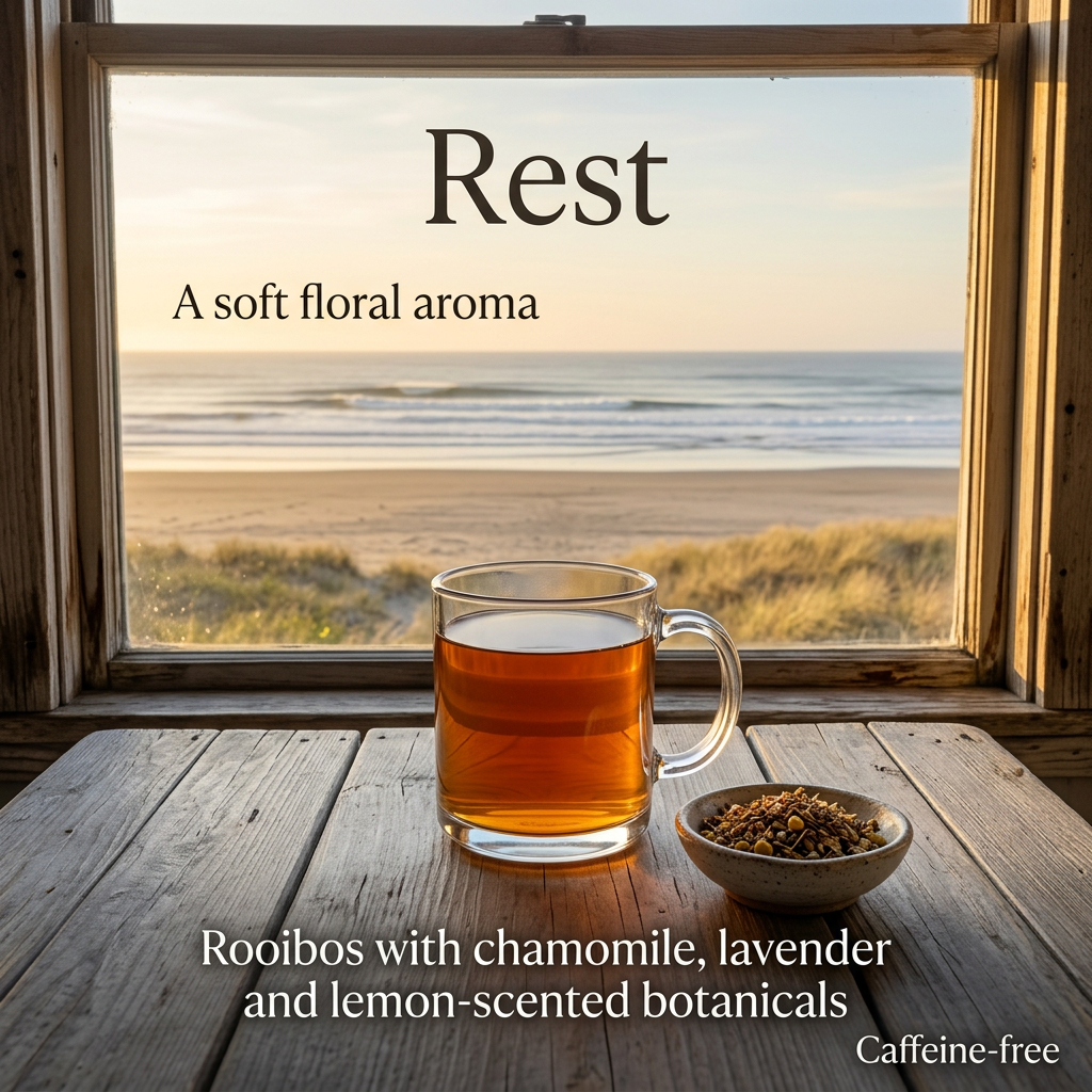 Rest tea with a soft floral aroma, rooibos, chamomile, lavender and lemon-scented botanicals beside a coastal window.