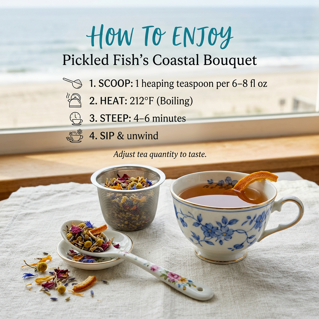 Coastal Bouquet brewing guide: 1 heaping teaspoon per 6–8 fl oz, water at 212°F, steep 4–6 minutes.