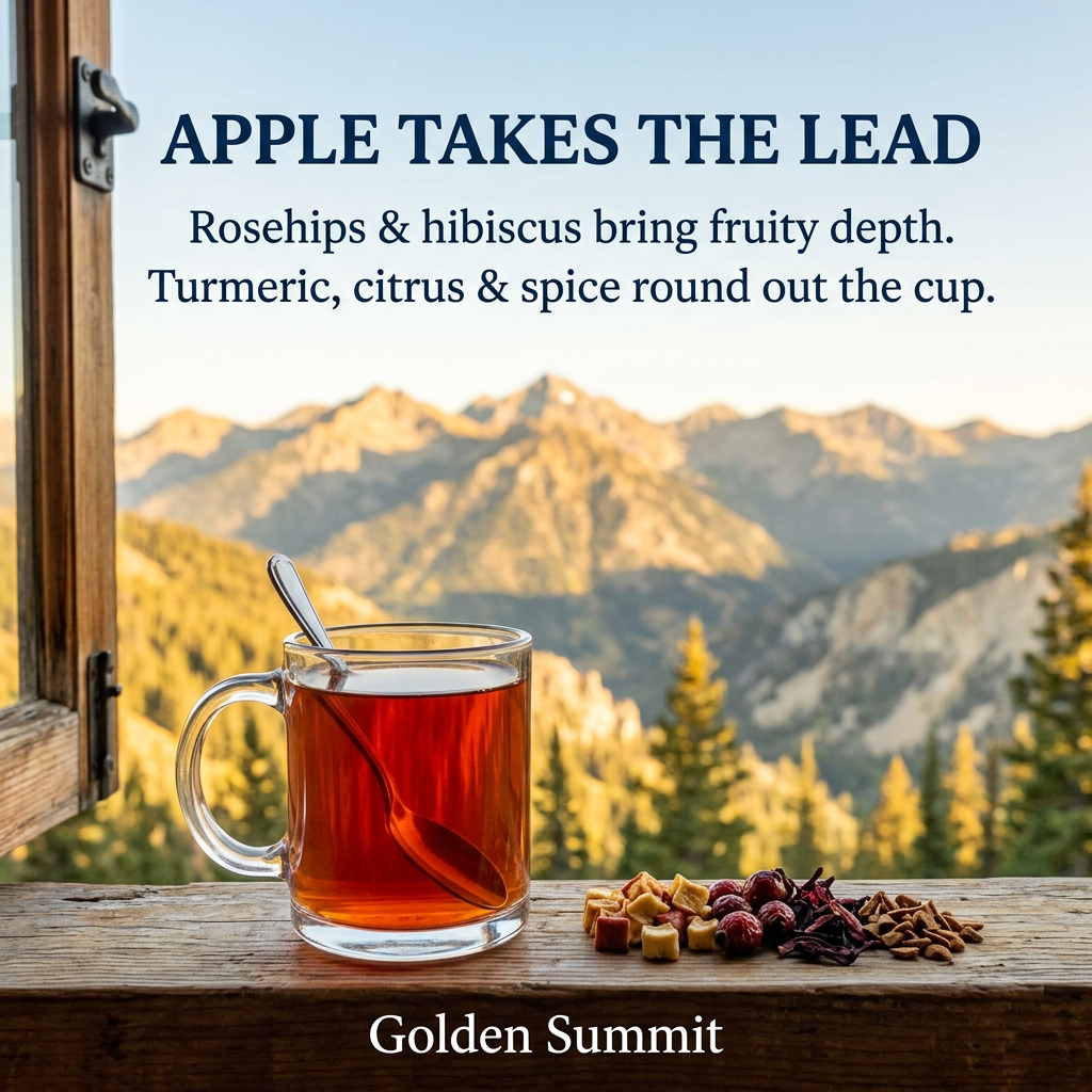 Golden Summit flavor: apple-forward herbal tea with rosehips, hibiscus, turmeric, citrus and warming spice.