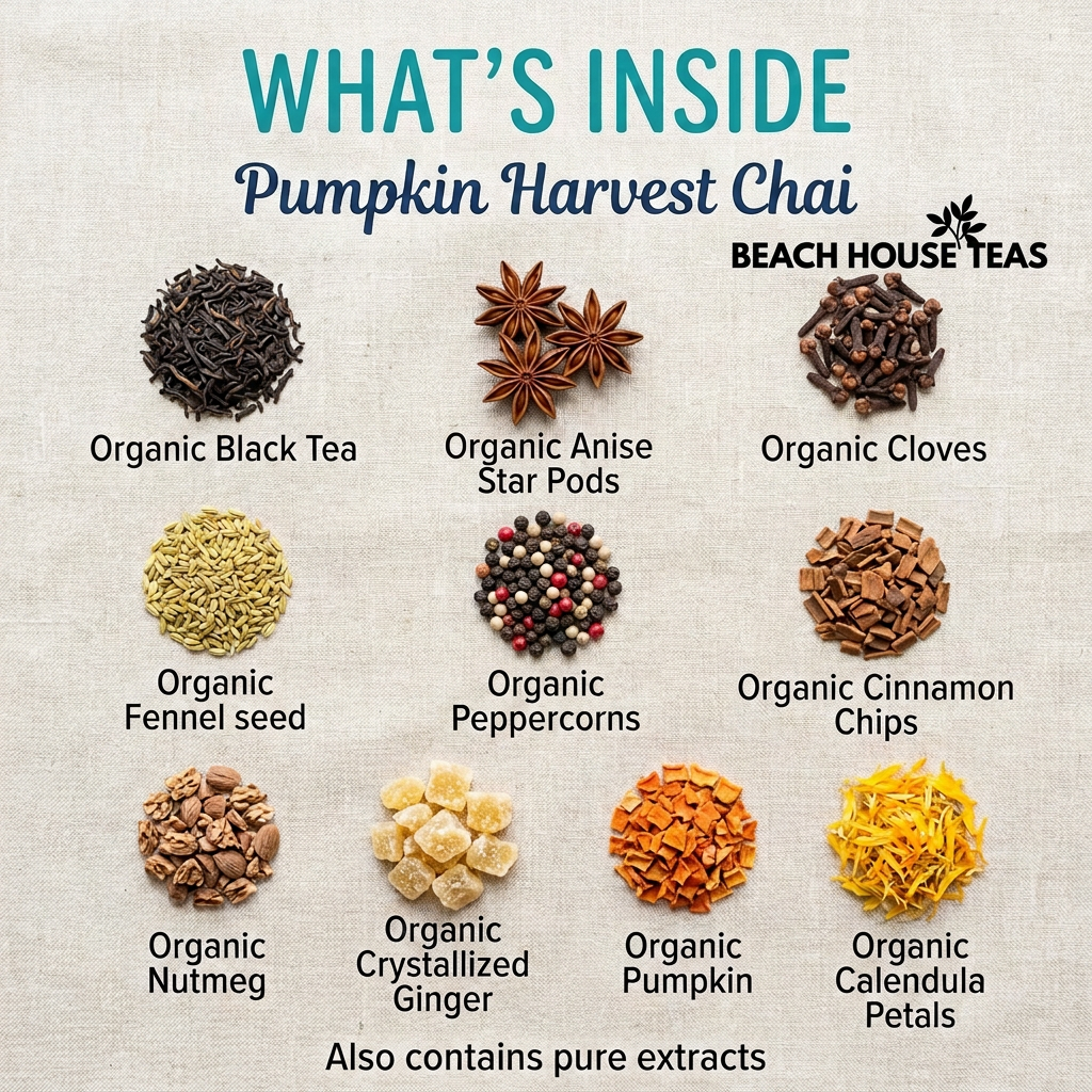 Pumpkin Harvest Chai ingredients with logo