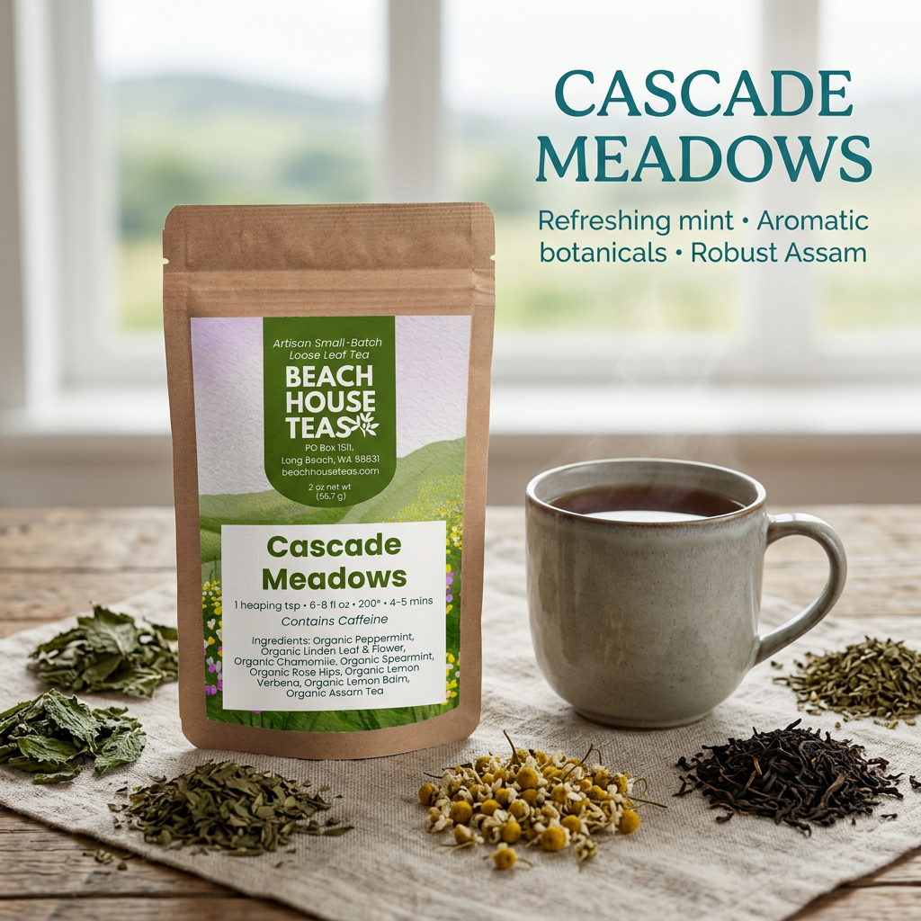 Cascade Meadows Assam, mint and botanical blend hero slide.