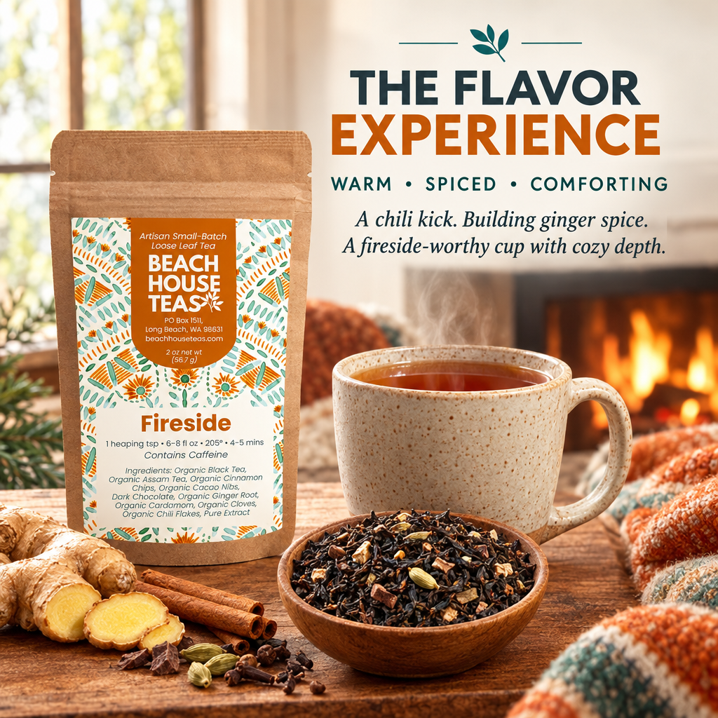 Fireside pouch and brewed tea with ginger and cinnamon, highlighting a chili kick and building ginger spice.