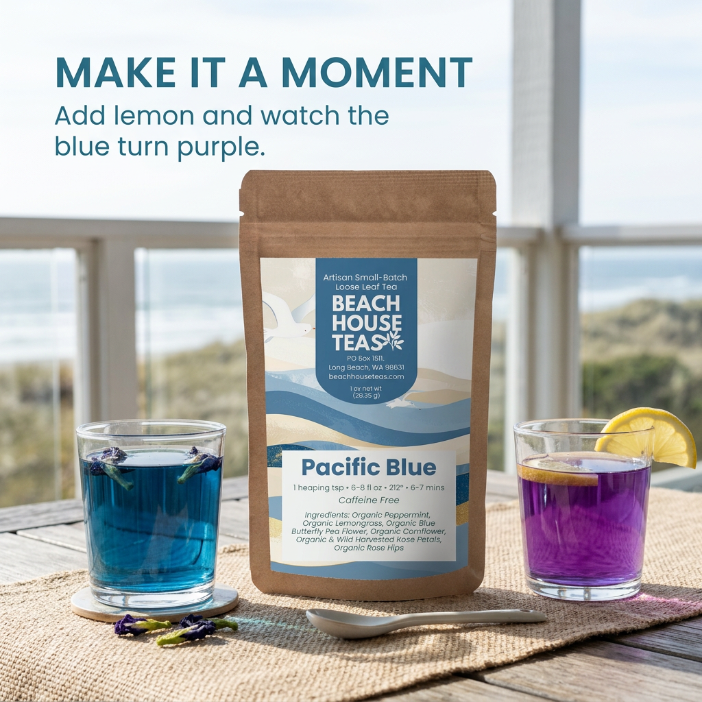 Pacific Blue coastal tea ritual lifestyle slide.