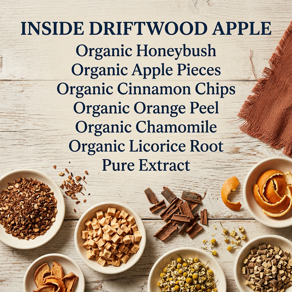 Driftwood Apple ingredients: organic honeybush, apple pieces, cinnamon chips, orange peel, chamomile, licorice root and pure extract.