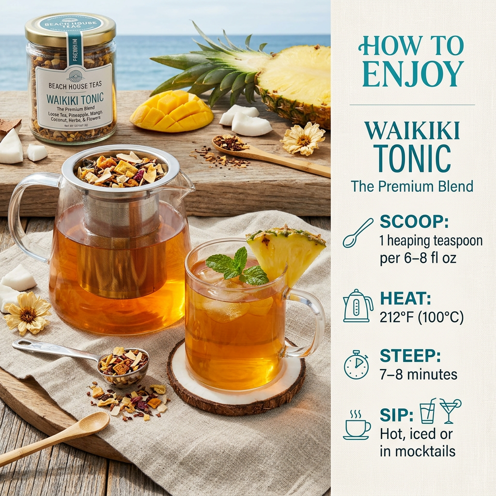 Waikiki Tonic brewing guide: 1 heaping teaspoon per 6–8 fl oz, water at 212°F, steep 7–8 minutes.
