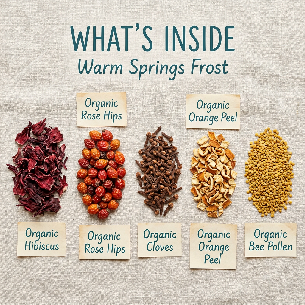 Warm Springs Frost ingredients: hibiscus, rose hips, cloves, orange peel and bee pollen, without packaging.