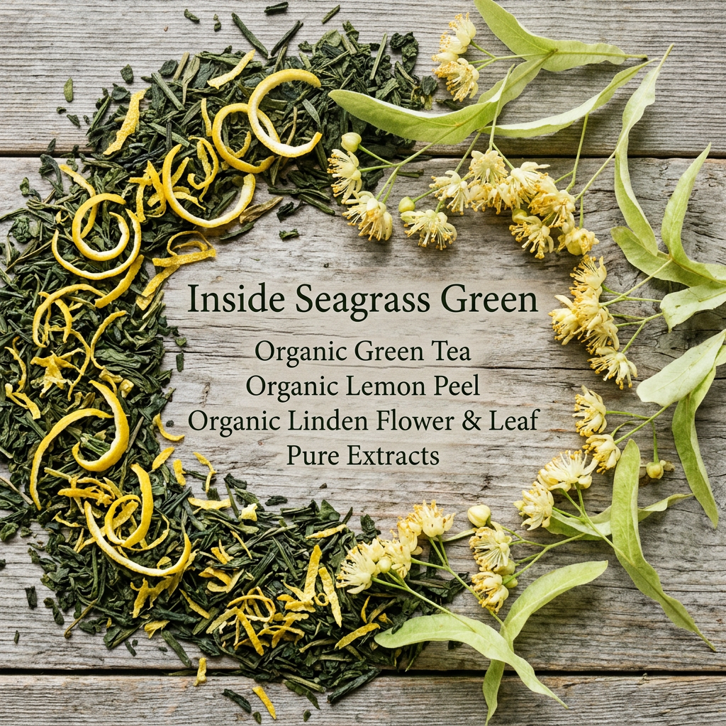 Seagrass Green ingredients: organic green tea, organic lemon peel, organic linden flower and leaf, pure extracts.