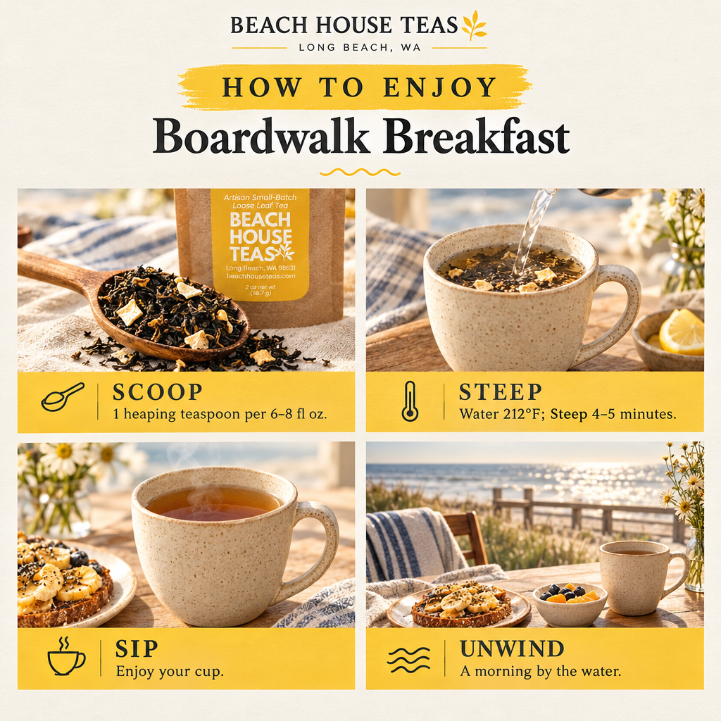 Boardwalk Breakfast brewing guide: 1 heaping teaspoon per 6–8 fl oz, water at 212°F, steep 4–5 minutes.
