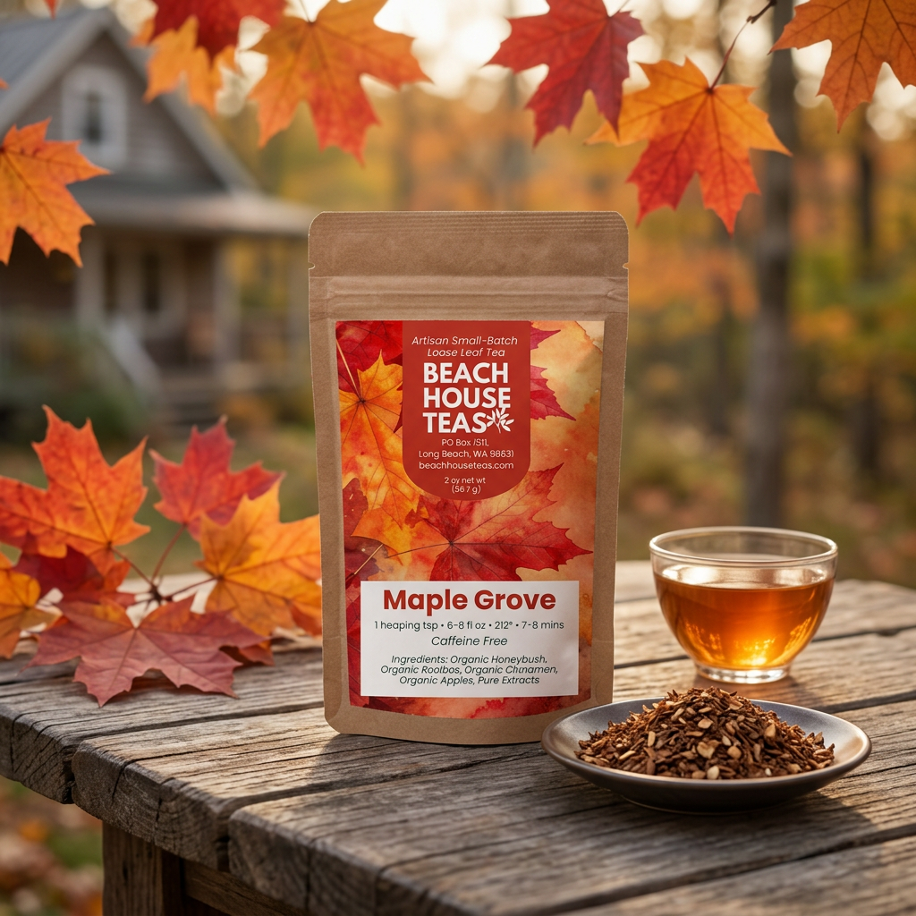 Maple Grove tea pouch beside amber tea and a dish of loose leaf blend on an autumn cottage table surrounded by colorful maple leaves.