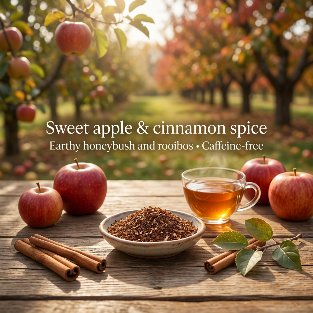 Maple Grove caffeine-free tea with sweet apple, cinnamon spice, earthy honeybush and rooibos notes, pictured in an autumn apple orchard.