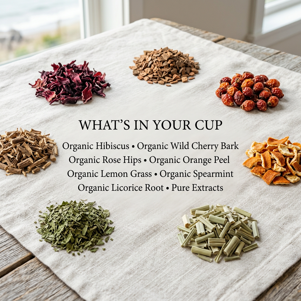 Ocean Shores ingredients: organic hibiscus, wild cherry bark, rose hips, orange peel, lemon grass, spearmint, licorice root and pure extracts.