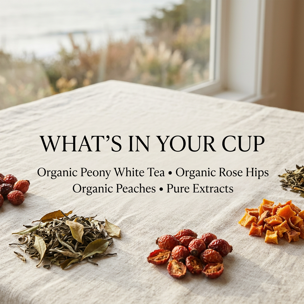 Peninsula High Tide ingredients: organic peony white tea, organic rose hips, organic peaches and pure extracts.