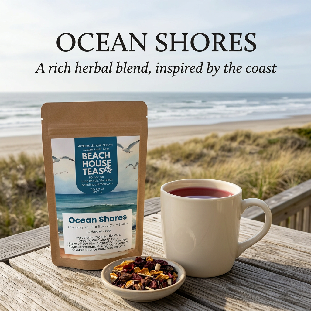 Ocean Shores tea pouch with ruby herbal tea and loose blend overlooking a sandy beach.