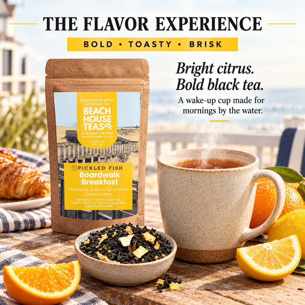 Boardwalk Breakfast pouch and steaming tea with citrus, highlighting bold, toasty and brisk flavor notes.