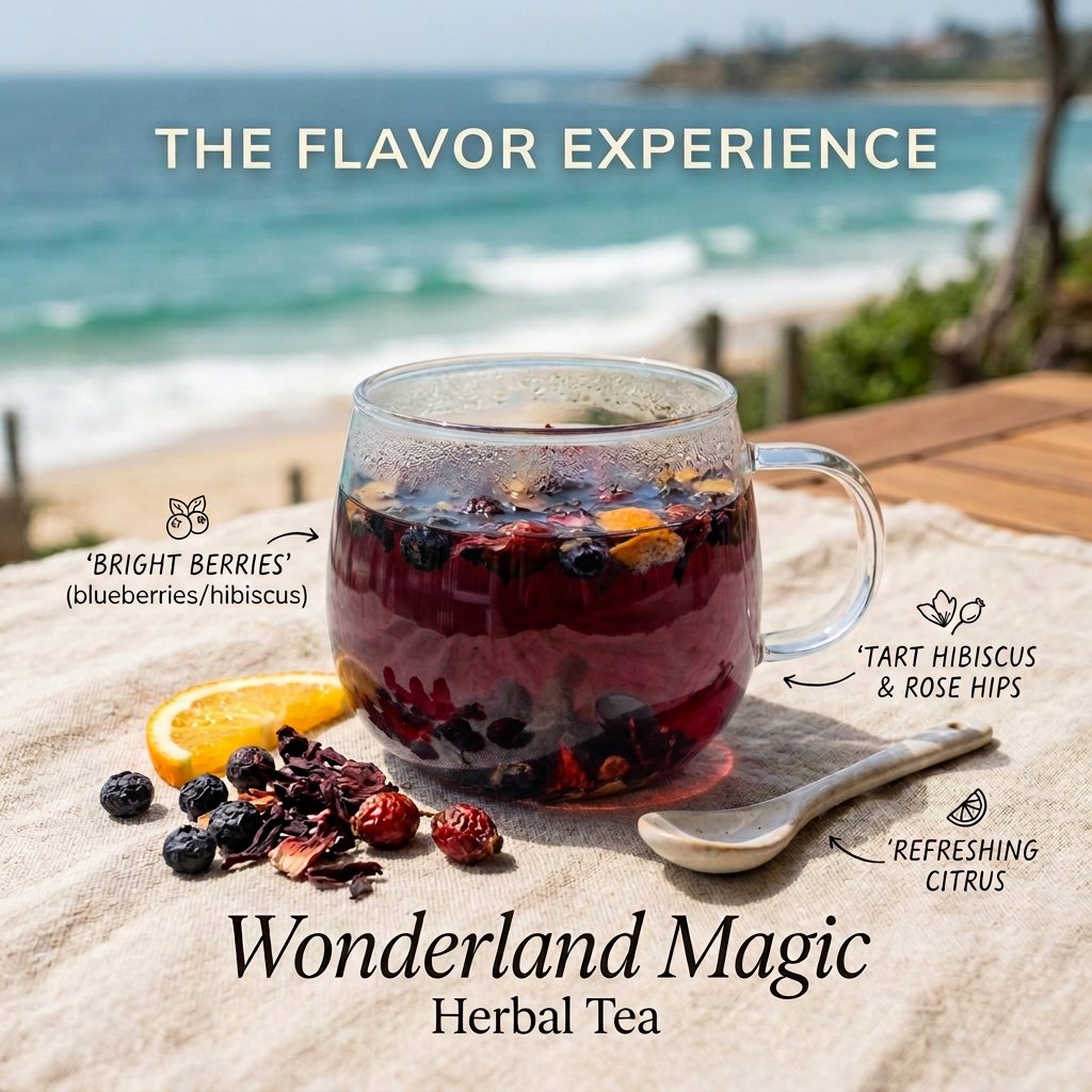 Wonderland Magic flavor slide with burgundy-maroon tea.