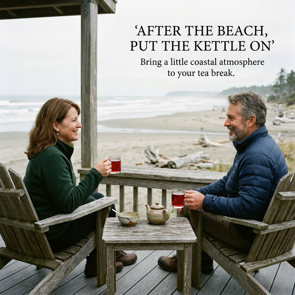 Two adults enjoying ruby herbal tea on a beach cottage porch after a shoreline walk.