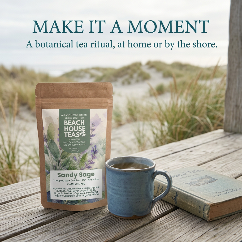 Sandy Sage coastal tea ritual lifestyle slide.