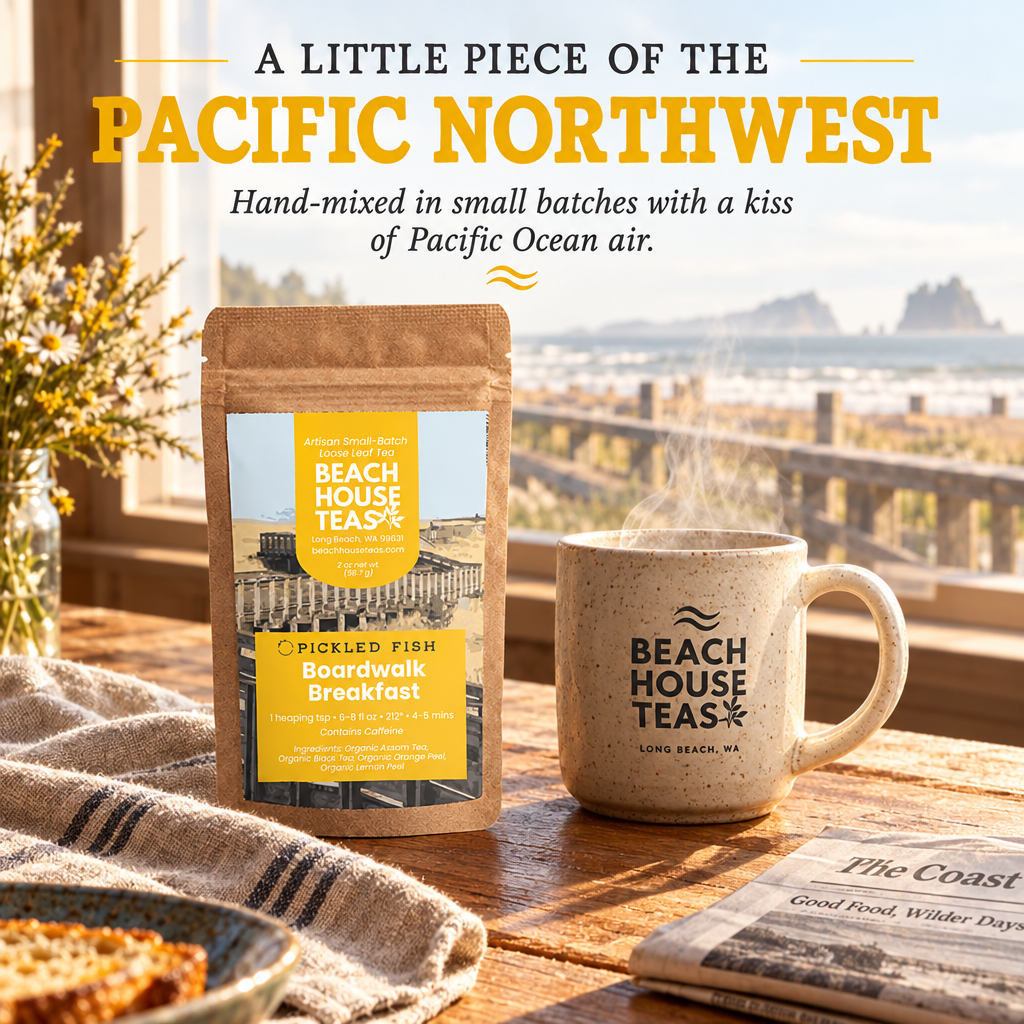 Boardwalk Breakfast pouch and steaming ceramic mug beside a newspaper, with a coastal boardwalk outside the window.