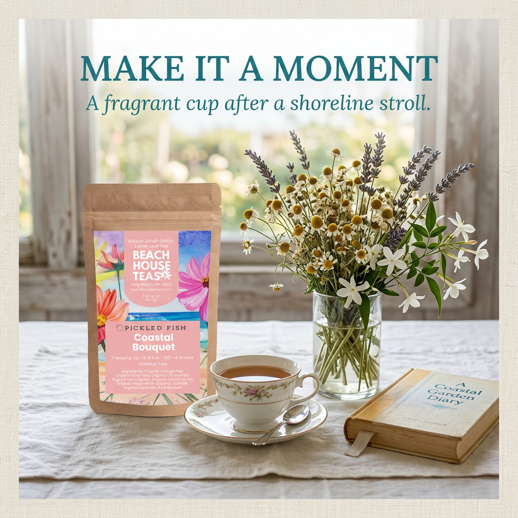 Coastal Bouquet cottage tea ritual lifestyle slide.