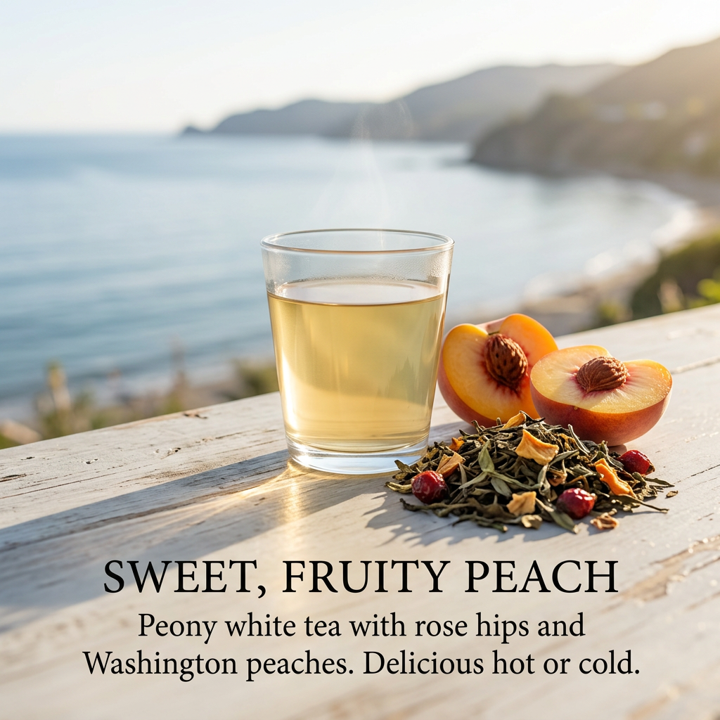 Peninsula High Tide sweet peach flavor with peony white tea, rose hips and Washington peaches, enjoyed hot or cold.